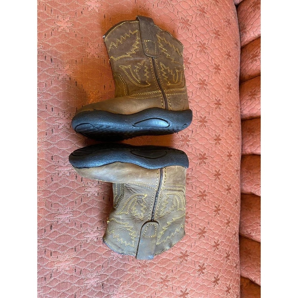 Old West Kids Brown Leather Cowboy Boots Baby Boy Rubber Sole Shoes Rodeo